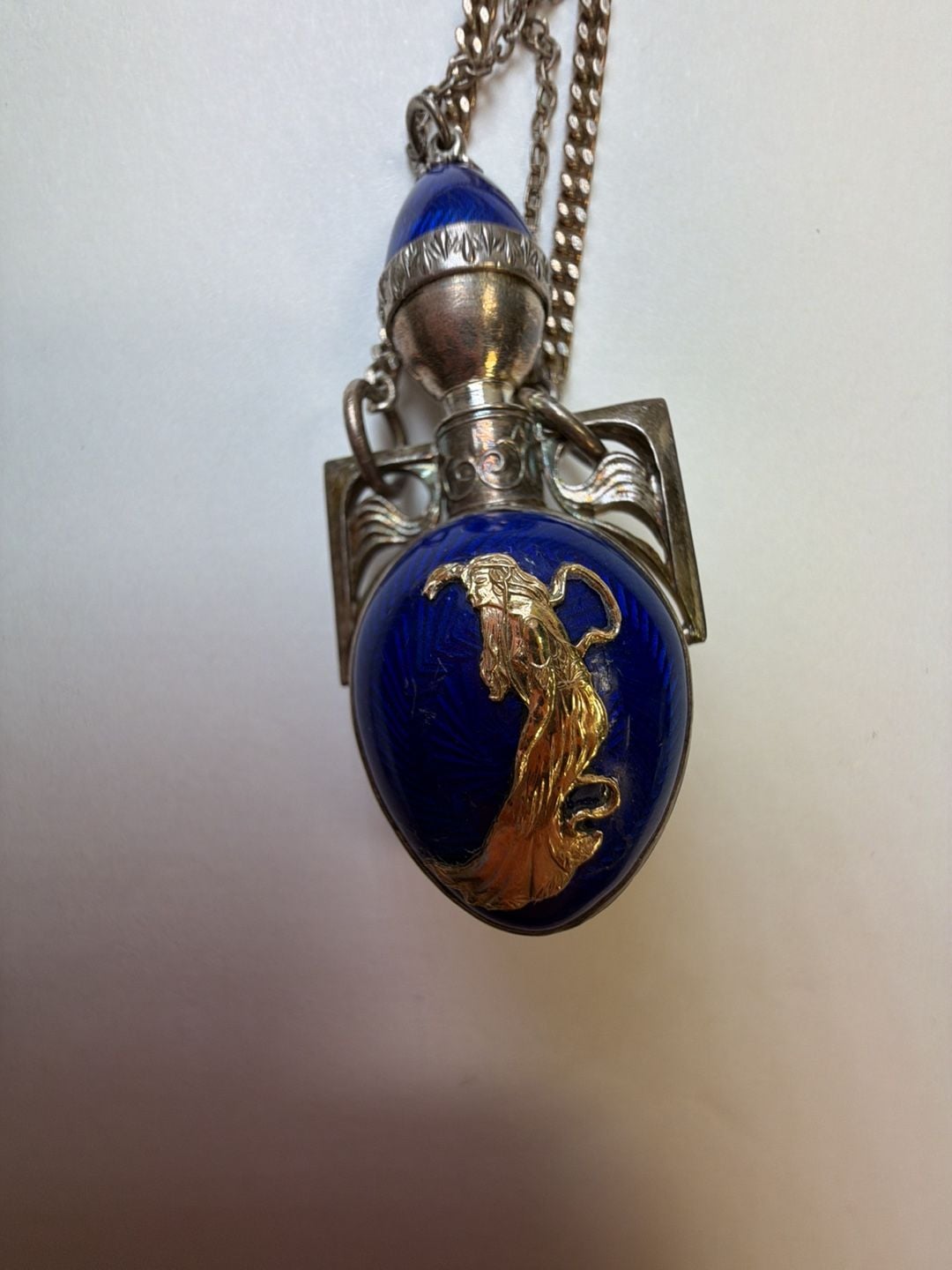 Sterling Silver Cobalt Guilloch Enamel Art Nouveau Perfume Pendant Necklace